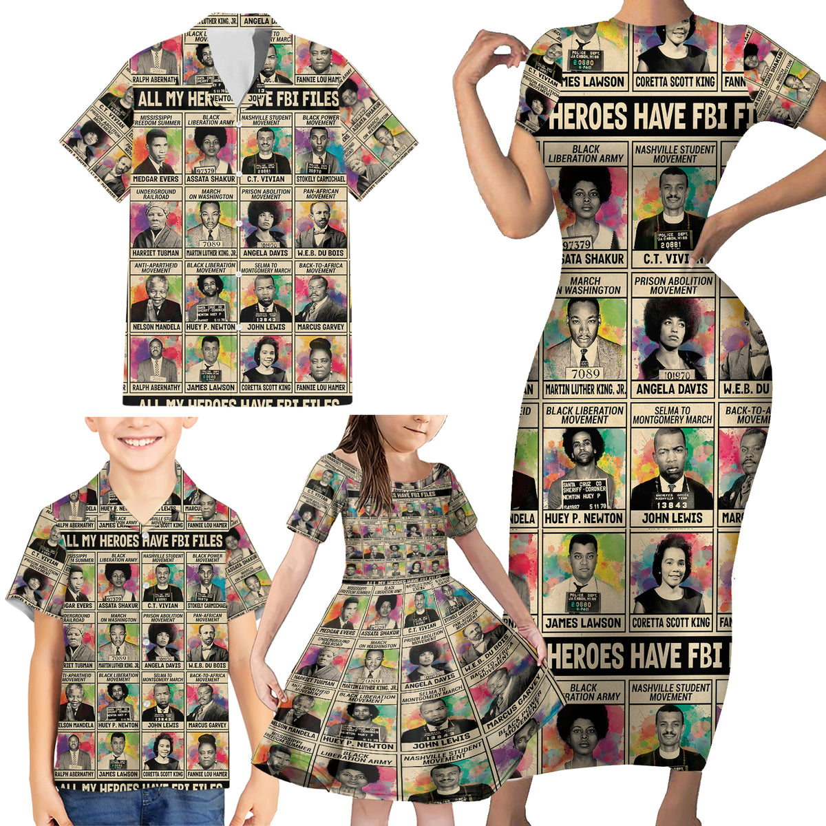 All My Heroes Have FBI Files Family Matching Short Sleeve Bodycon Dress and Hawaiian Shirt Civil Rights Leaders - Wonder Print Shop