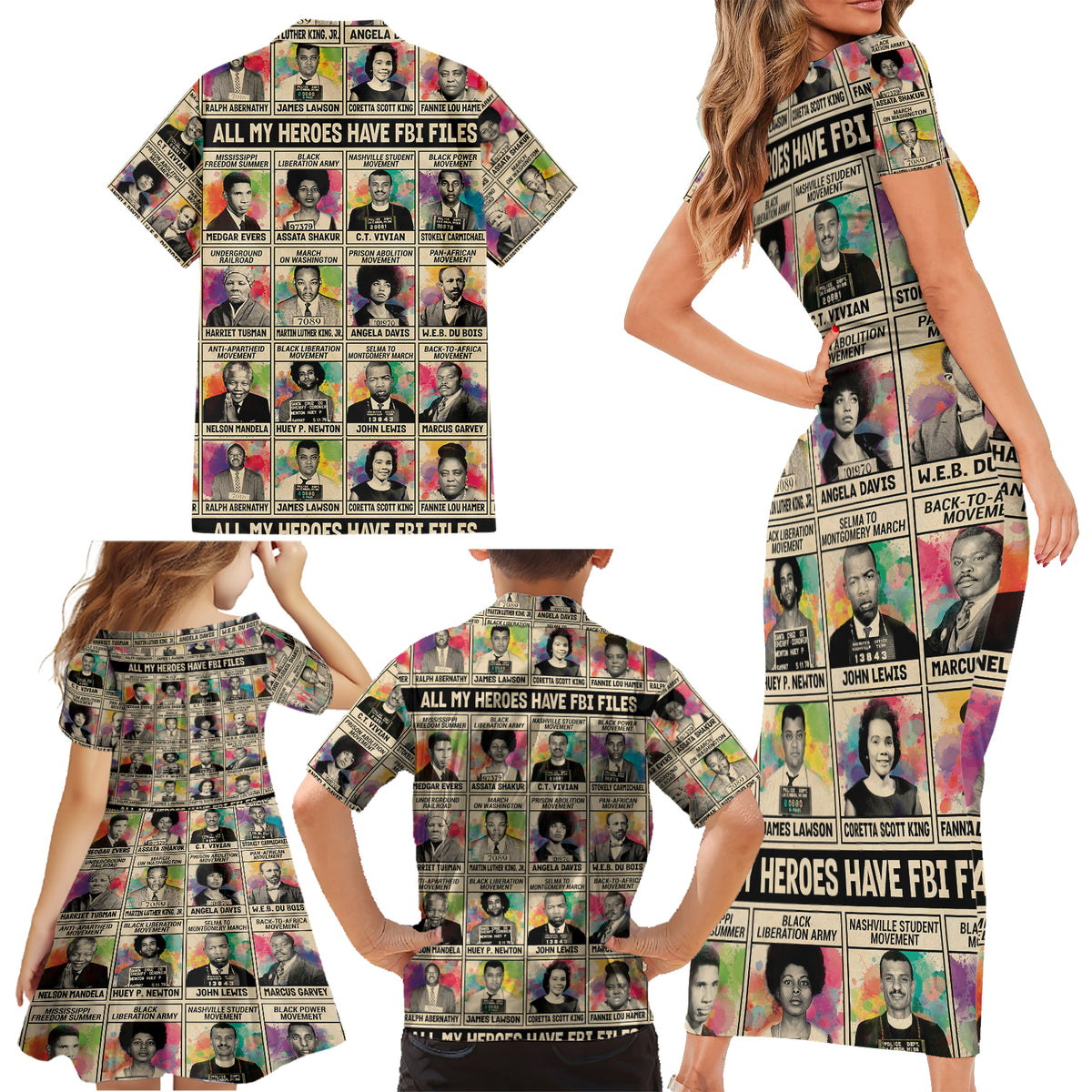 All My Heroes Have FBI Files Family Matching Short Sleeve Bodycon Dress and Hawaiian Shirt Civil Rights Leaders - Wonder Print Shop