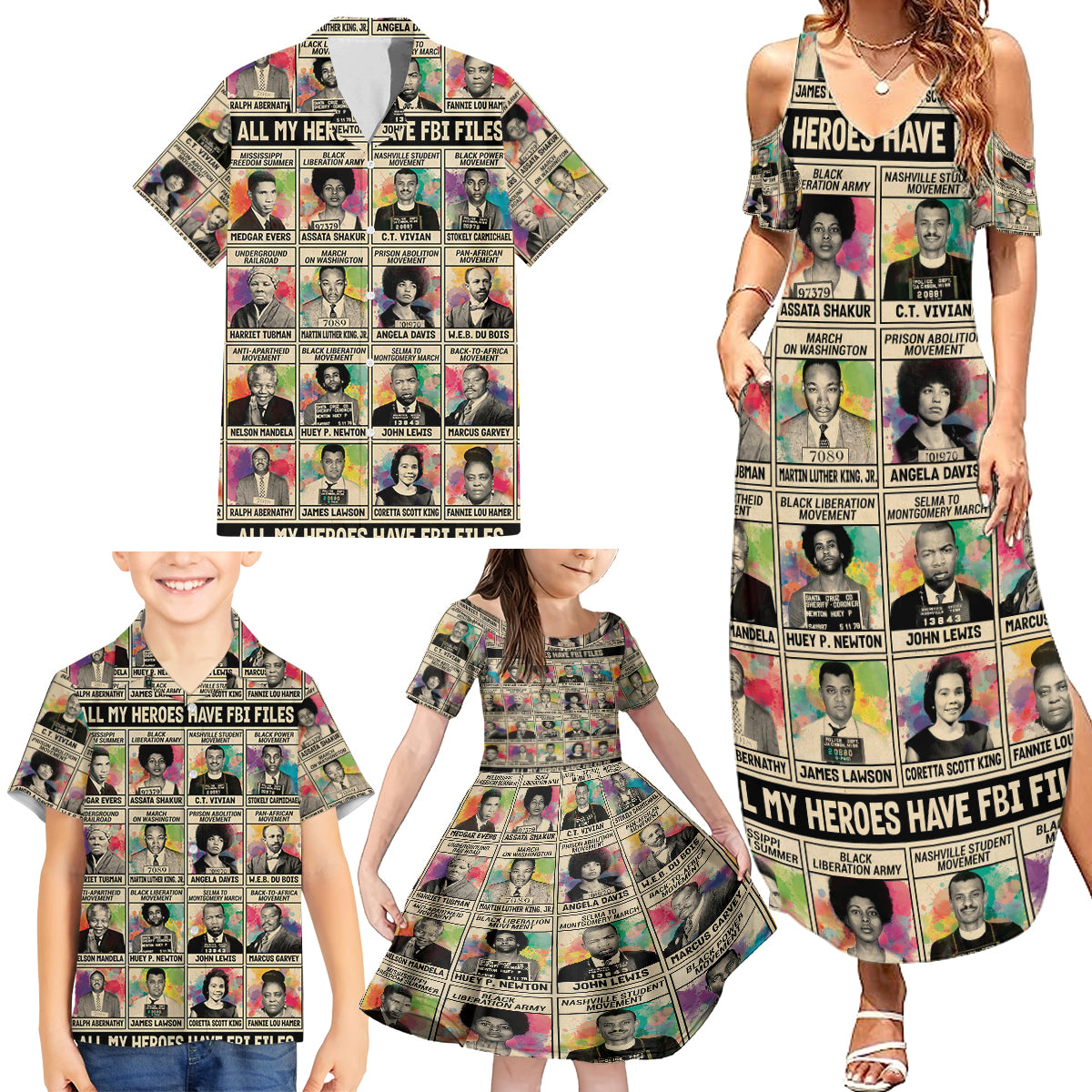 All My Heroes Have FBI Files Family Matching Summer Maxi Dress and Hawaiian Shirt Civil Rights Leaders - Wonder Print Shop