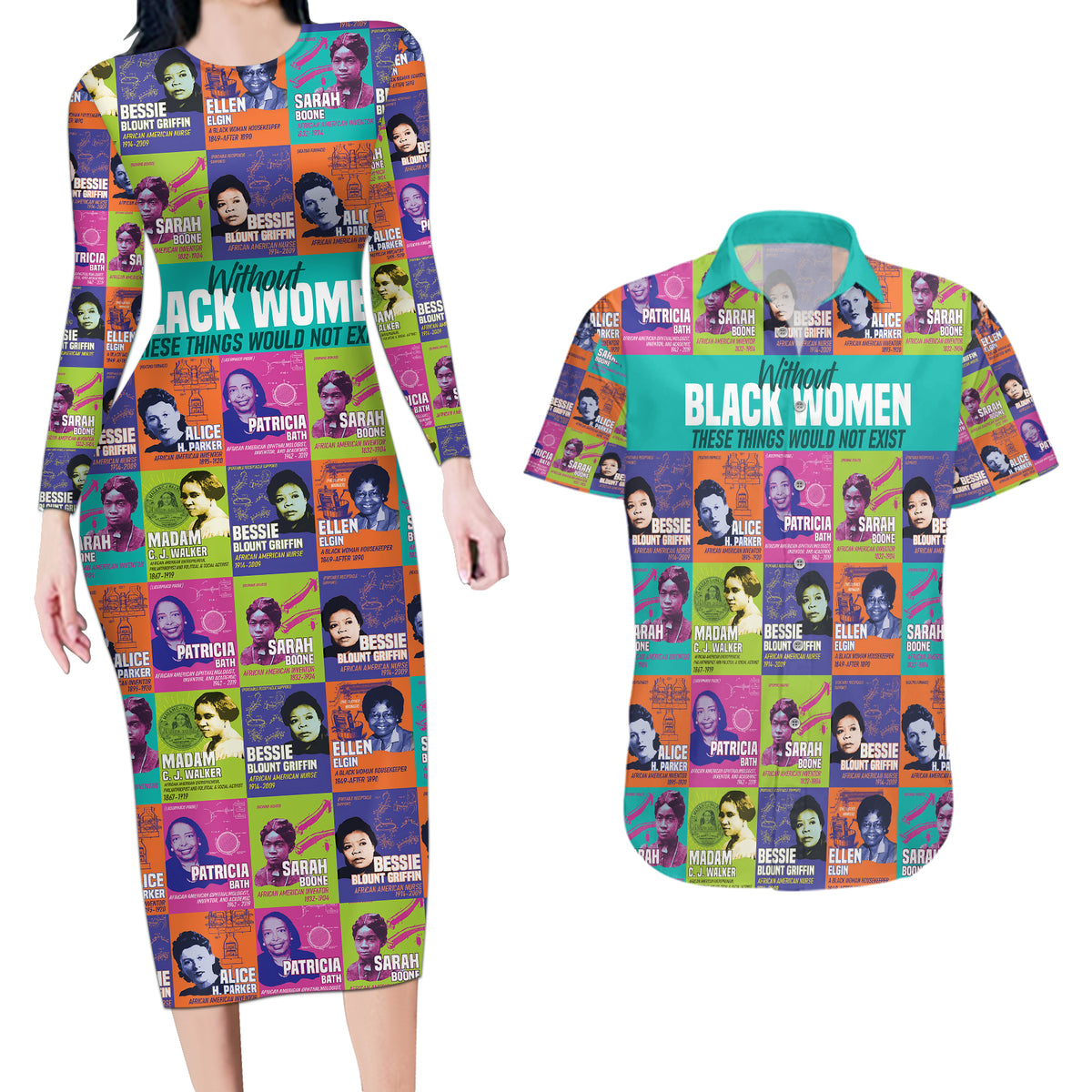 African Women Inventors Couples Matching Long Sleeve Bodycon Dress and Hawaiian Shirt Without Black Women These Things Would Not Exist - Wonder Print Shop