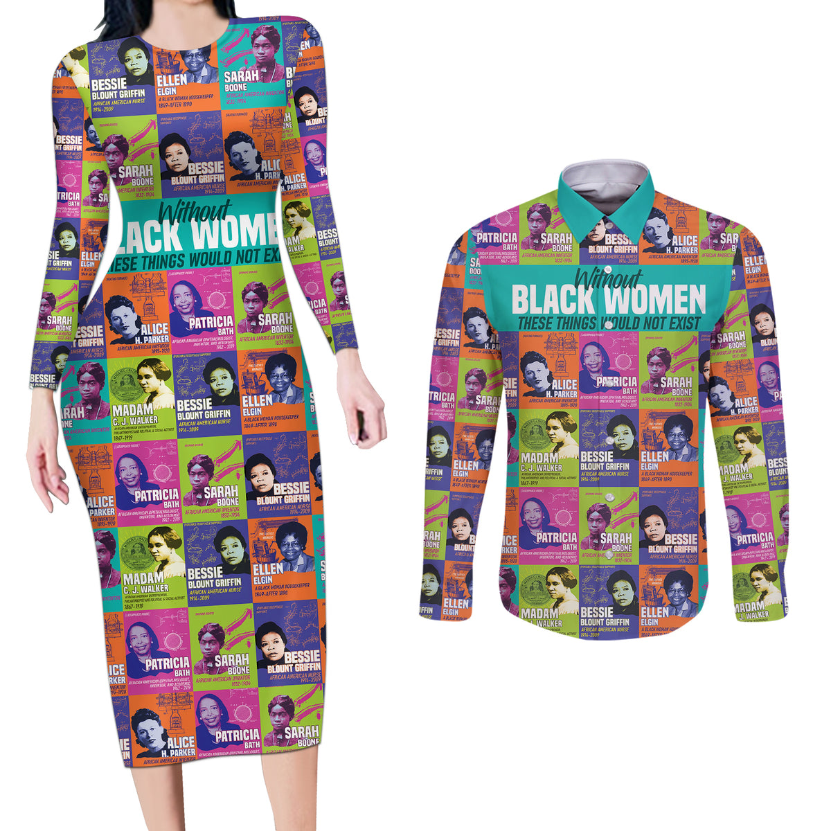 African Women Inventors Couples Matching Long Sleeve Bodycon Dress and Long Sleeve Button Shirts Without Black Women These Things Would Not Exist - Wonder Print Shop