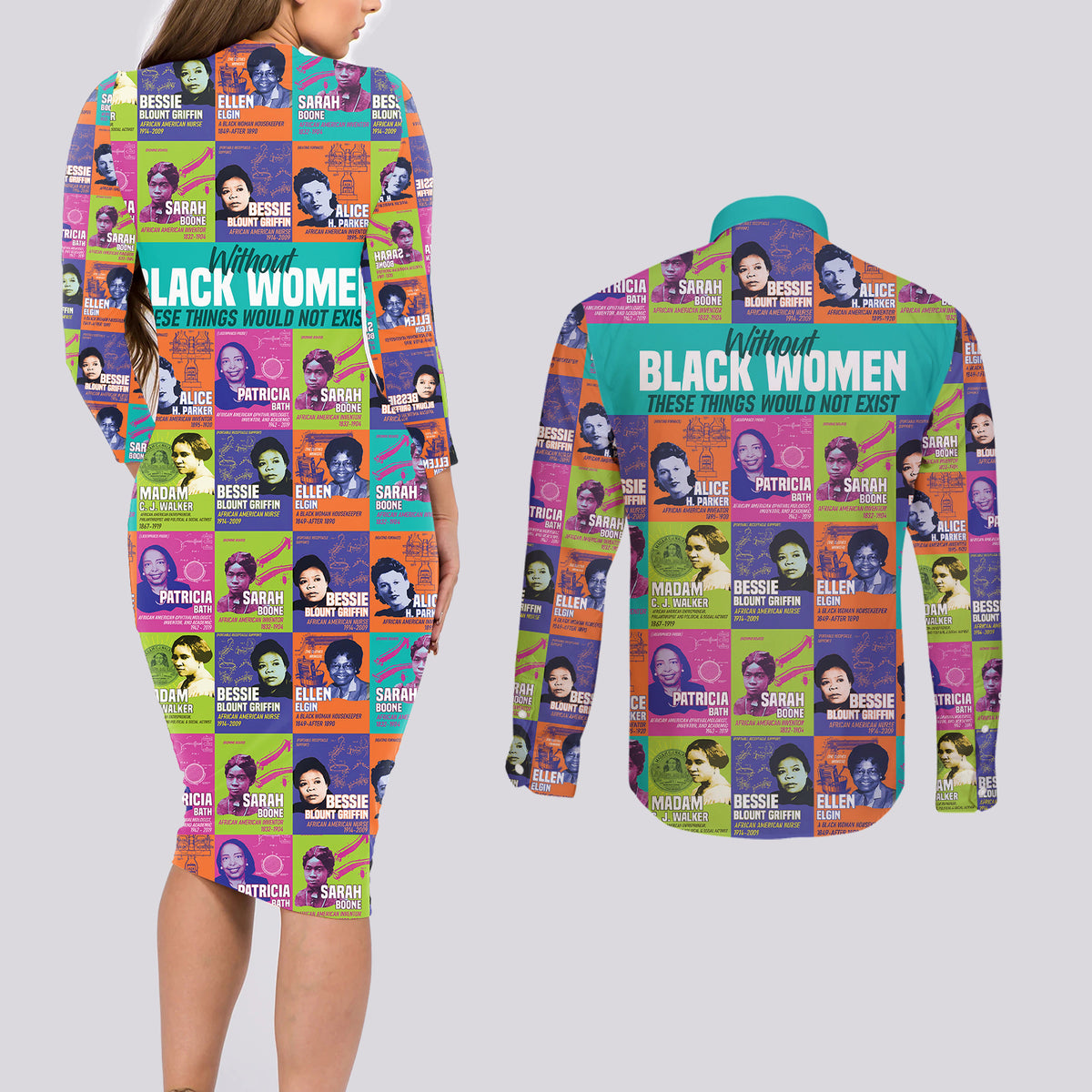 African Women Inventors Couples Matching Long Sleeve Bodycon Dress and Long Sleeve Button Shirts Without Black Women These Things Would Not Exist - Wonder Print Shop