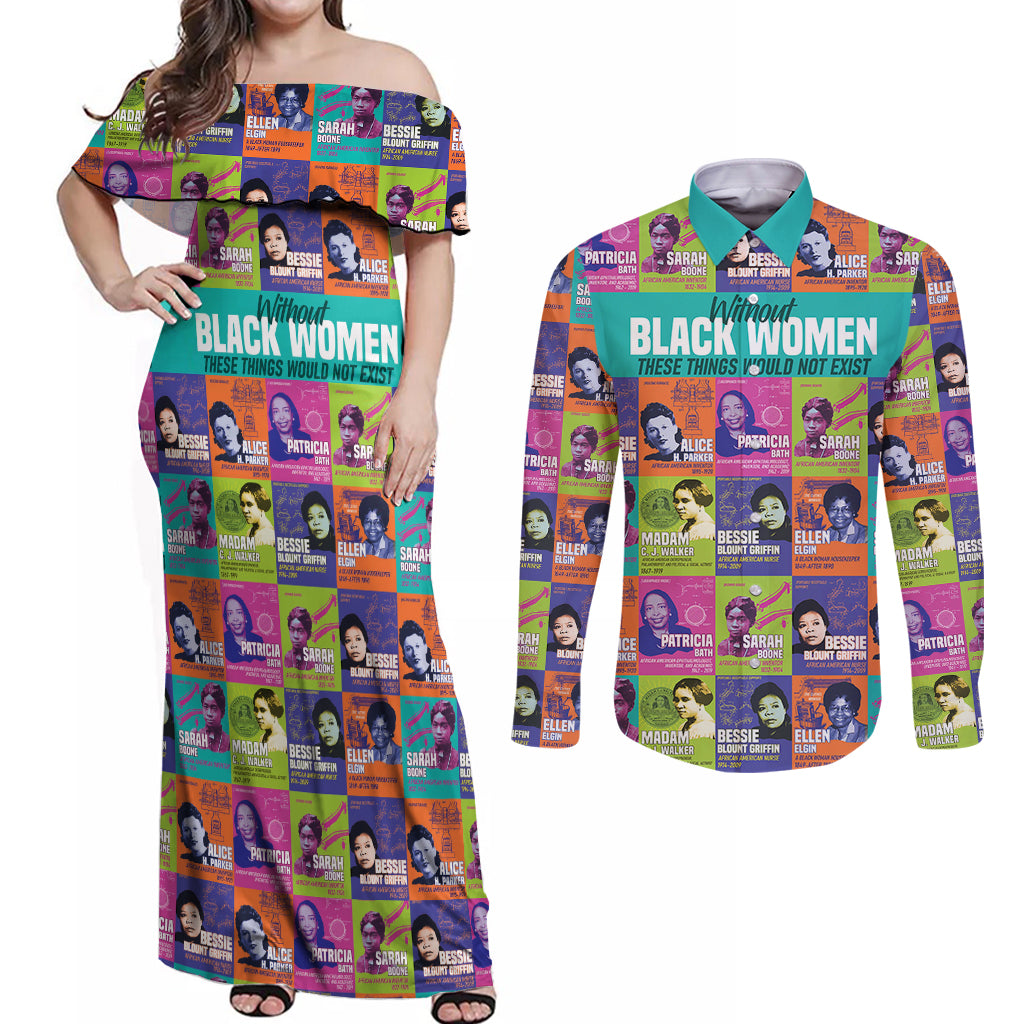 African Women Inventors Couples Matching Off Shoulder Maxi Dress and Long Sleeve Button Shirts Without Black Women These Things Would Not Exist - Wonder Print Shop