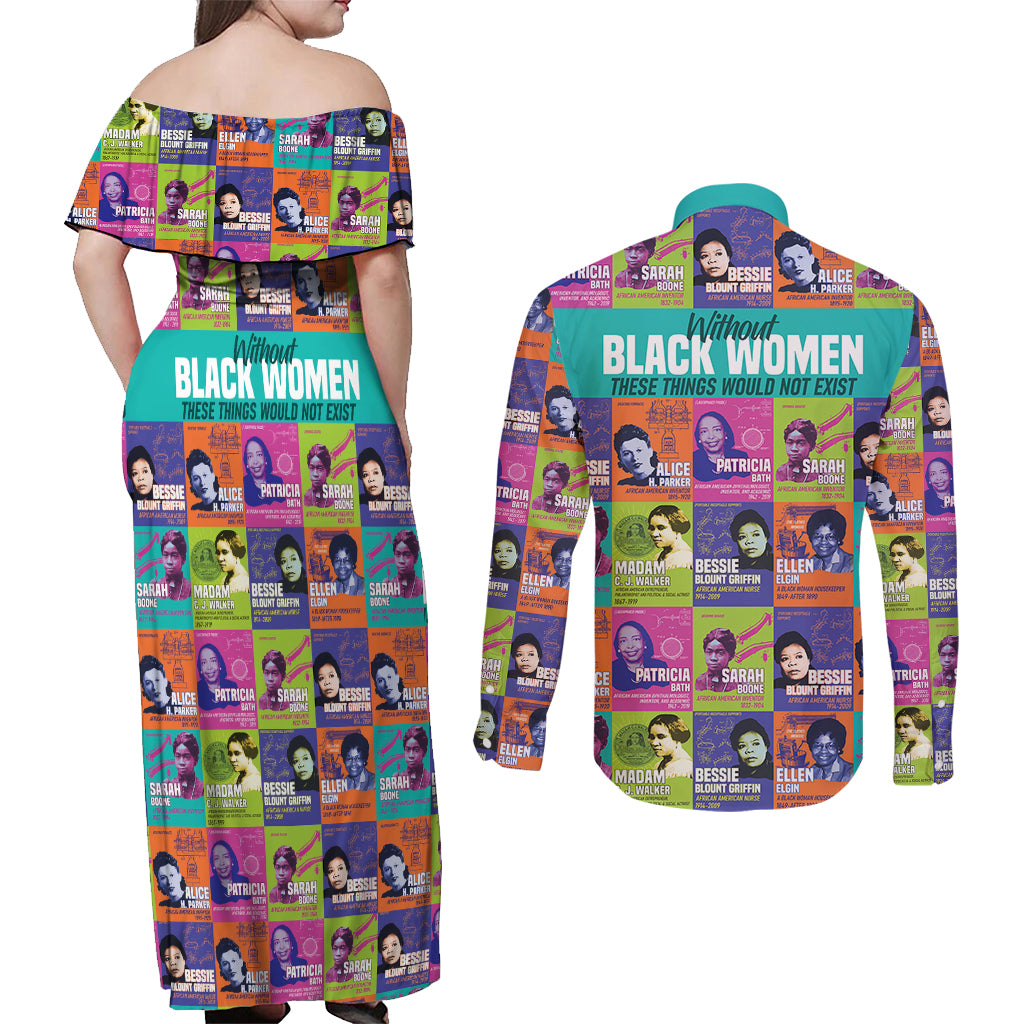 African Women Inventors Couples Matching Off Shoulder Maxi Dress and Long Sleeve Button Shirts Without Black Women These Things Would Not Exist - Wonder Print Shop