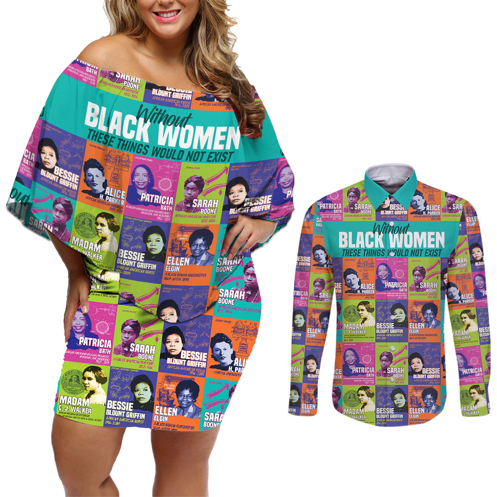 African Women Inventors Couples Matching Off Shoulder Short Dress and Long Sleeve Button Shirts Without Black Women These Things Would Not Exist - Wonder Print Shop