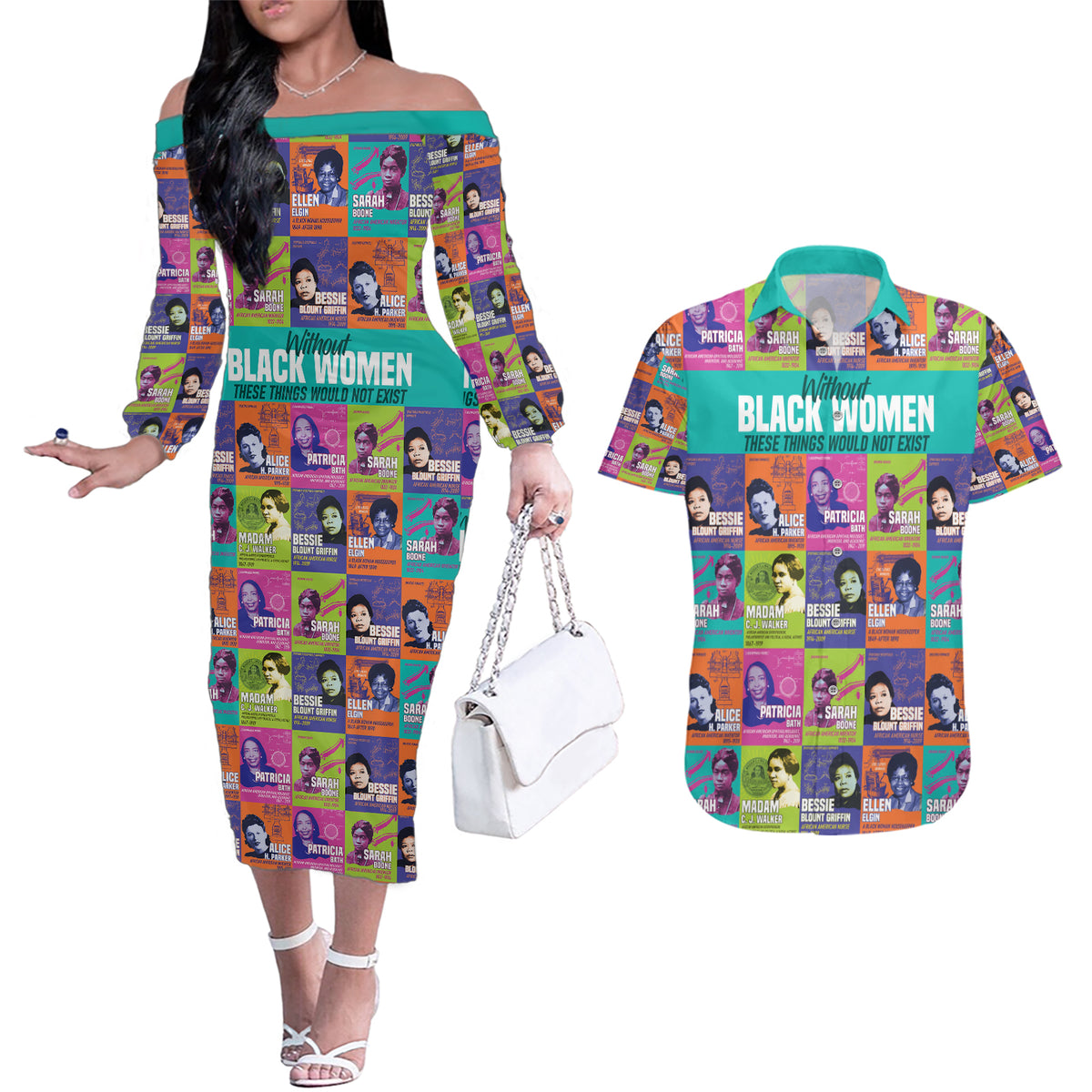 African Women Inventors Couples Matching Off The Shoulder Long Sleeve Dress and Hawaiian Shirt Without Black Women These Things Would Not Exist - Wonder Print Shop