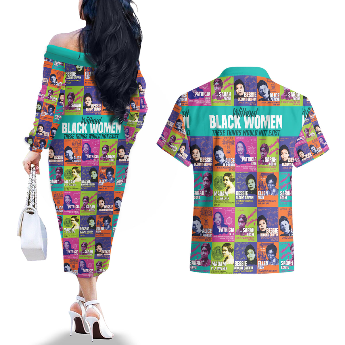 African Women Inventors Couples Matching Off The Shoulder Long Sleeve Dress and Hawaiian Shirt Without Black Women These Things Would Not Exist - Wonder Print Shop