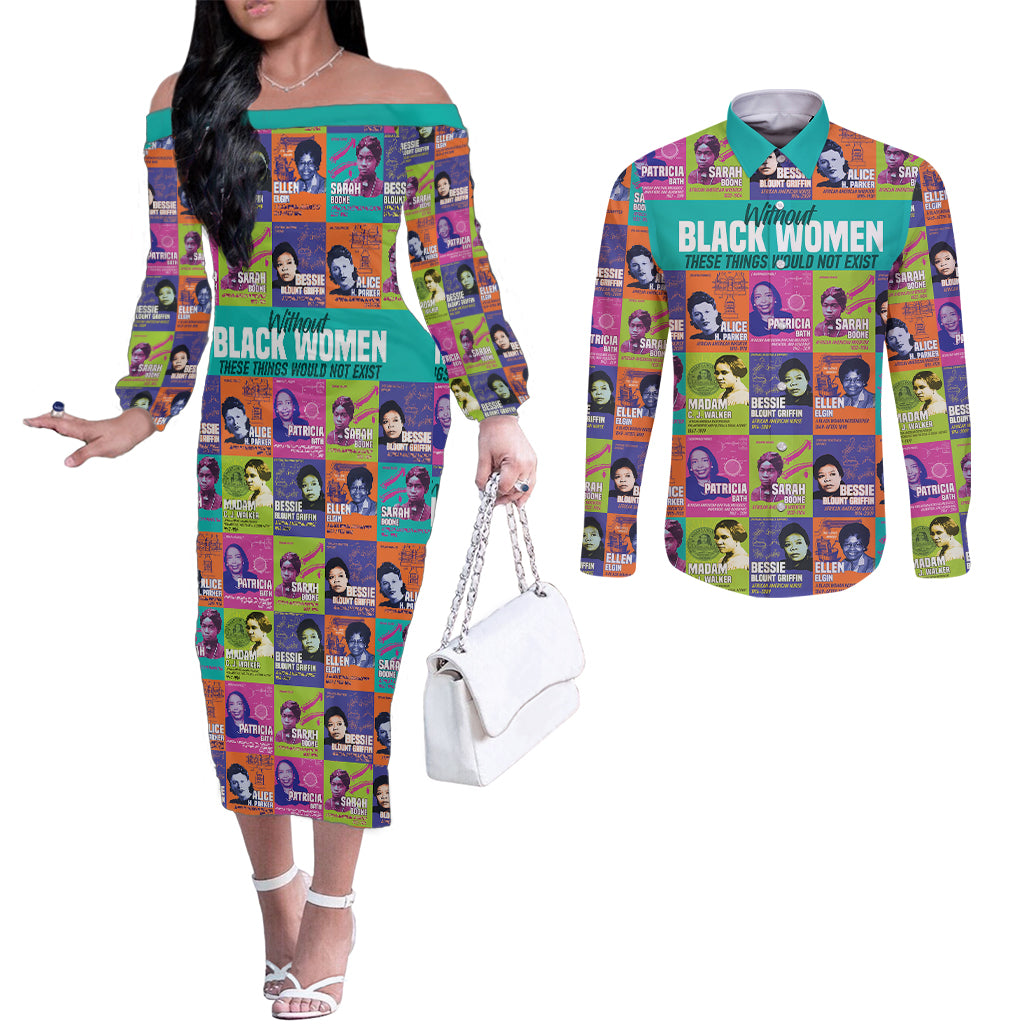 african-women-inventors-couples-matching-off-the-shoulder-long-sleeve-dress-and-long-sleeve-button-shirts-without-black-women-these-things-would-not-exist