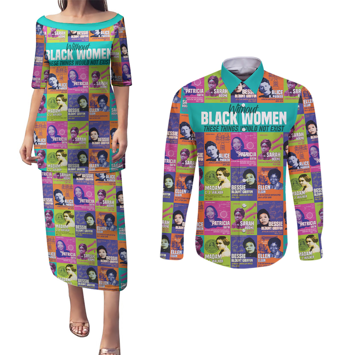 African Women Inventors Couples Matching Puletasi Dress and Long Sleeve Button Shirts Without Black Women These Things Would Not Exist - Wonder Print Shop