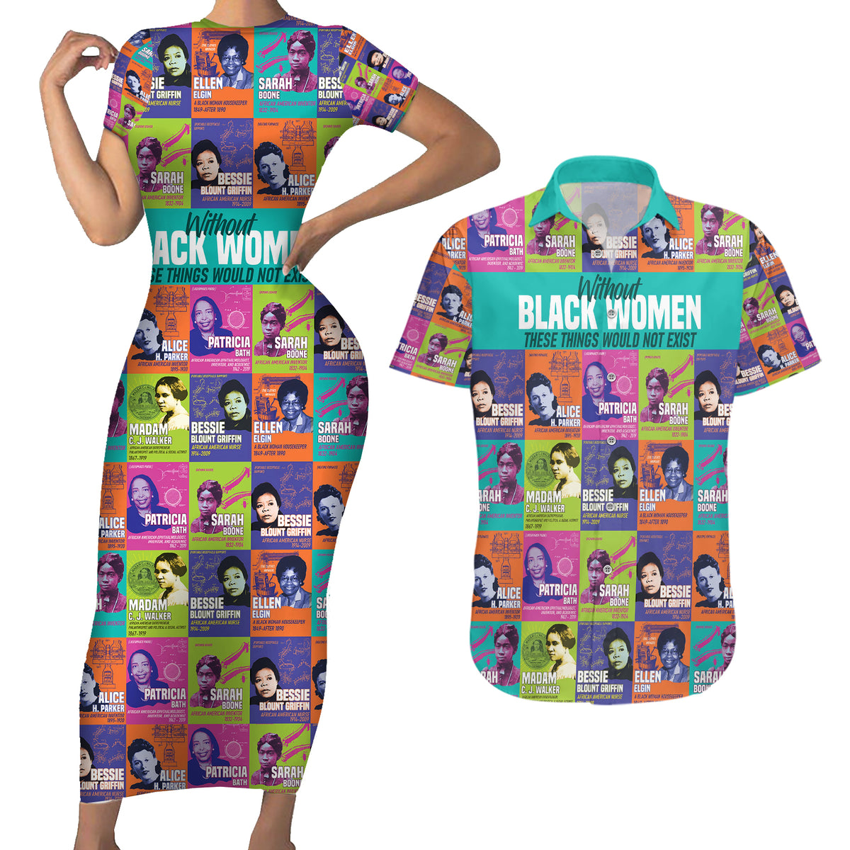 African Women Inventors Couples Matching Short Sleeve Bodycon Dress and Hawaiian Shirt Without Black Women These Things Would Not Exist - Wonder Print Shop