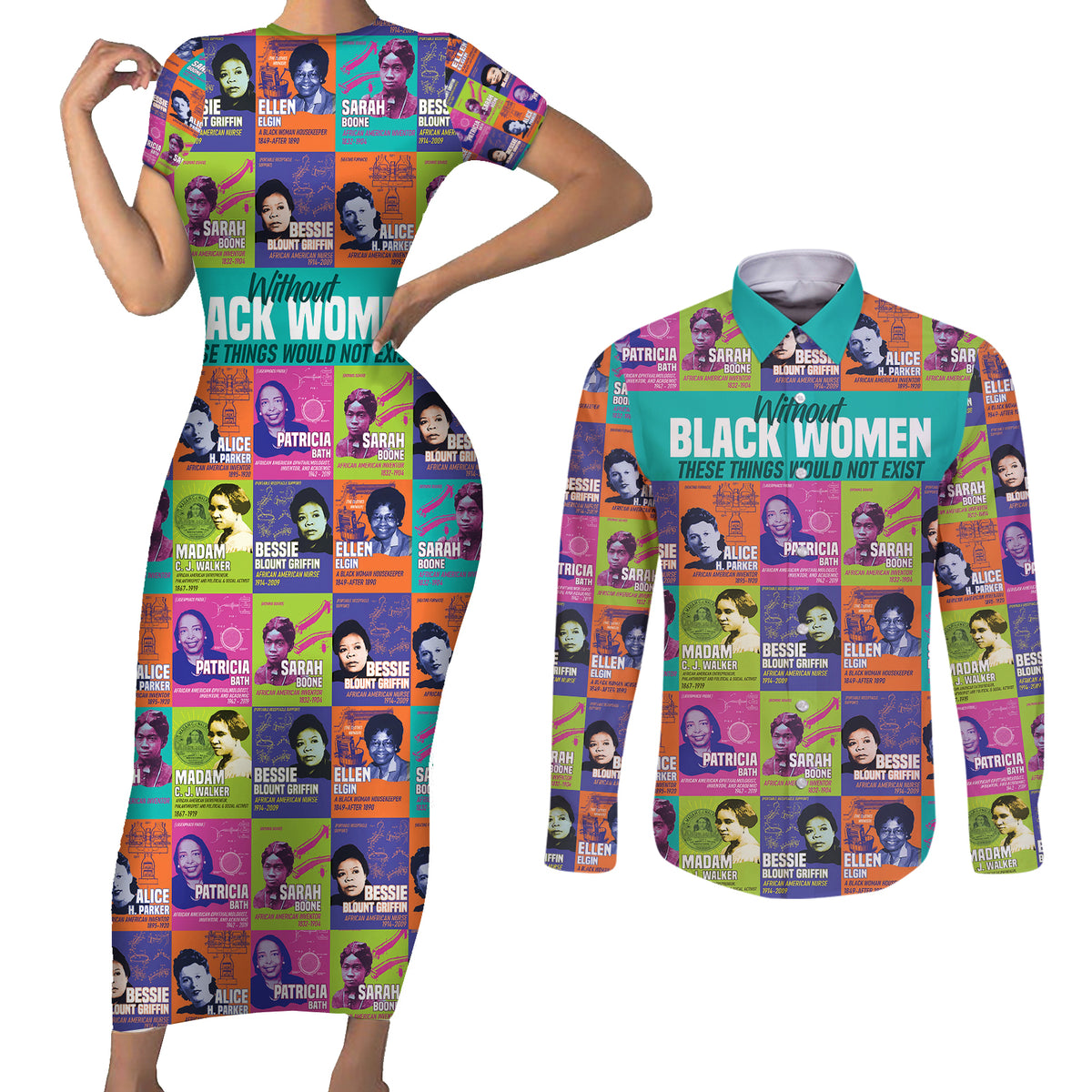 African Women Inventors Couples Matching Short Sleeve Bodycon Dress and Long Sleeve Button Shirts Without Black Women These Things Would Not Exist - Wonder Print Shop