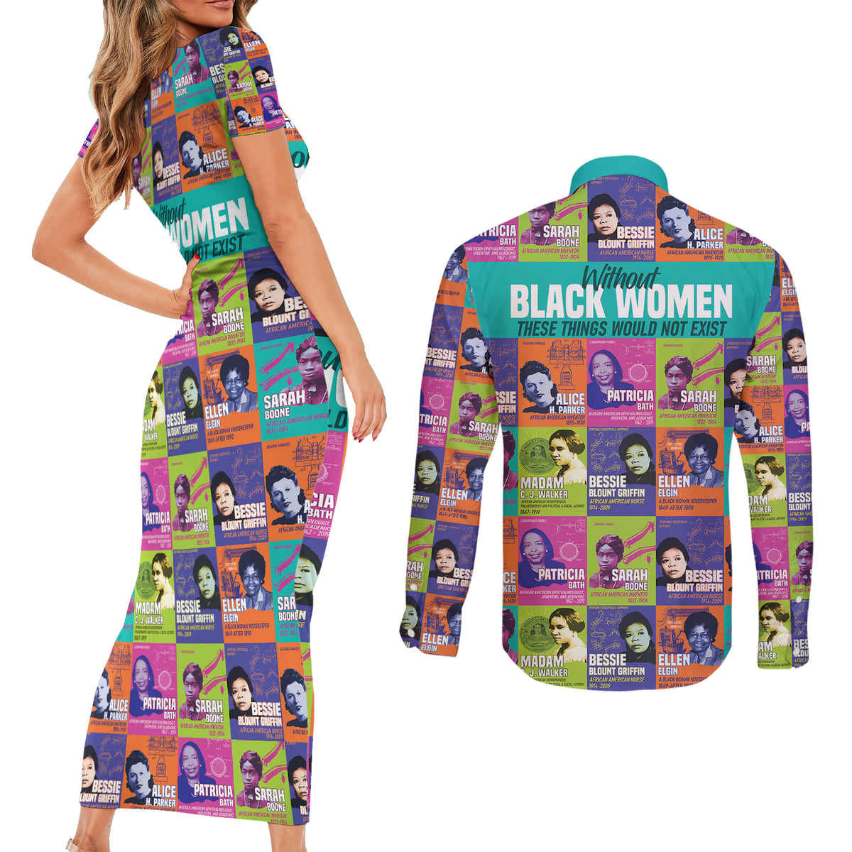 African Women Inventors Couples Matching Short Sleeve Bodycon Dress and Long Sleeve Button Shirts Without Black Women These Things Would Not Exist - Wonder Print Shop