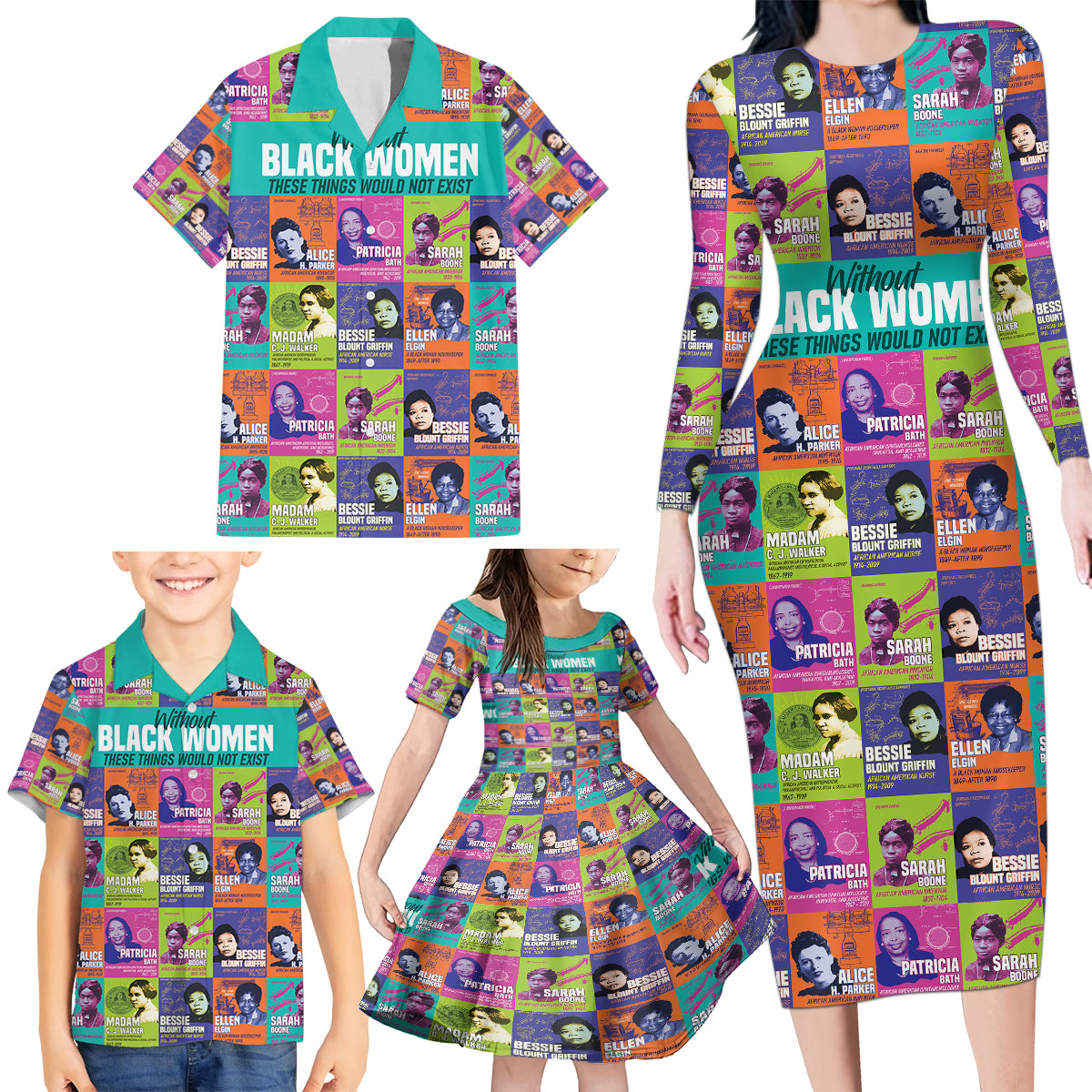 African Women Inventors Family Matching Long Sleeve Bodycon Dress and Hawaiian Shirt Without Black Women These Things Would Not Exist - Wonder Print Shop