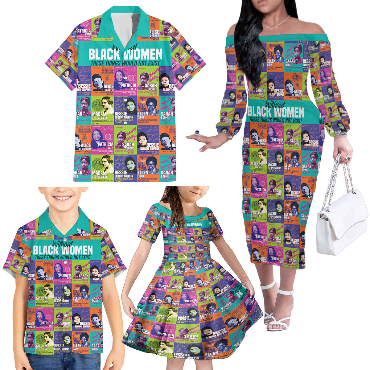 African Women Inventors Family Matching Off Shoulder Long Sleeve Dress and Hawaiian Shirt Without Black Women These Things Would Not Exist - Wonder Print Shop