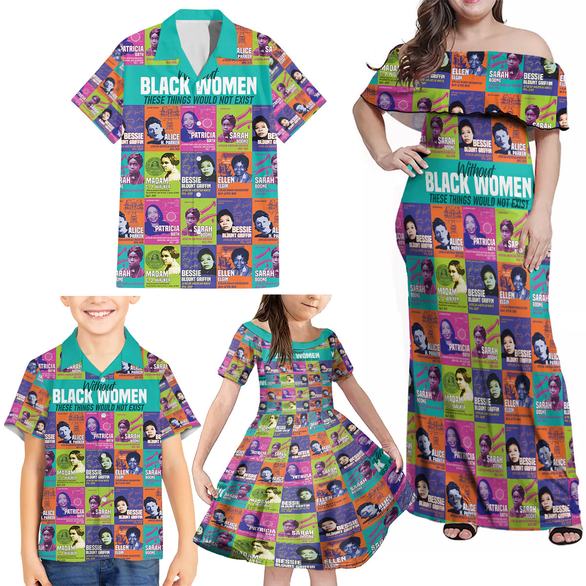 African Women Inventors Family Matching Off Shoulder Maxi Dress and Hawaiian Shirt Without Black Women These Things Would Not Exist - Wonder Print Shop
