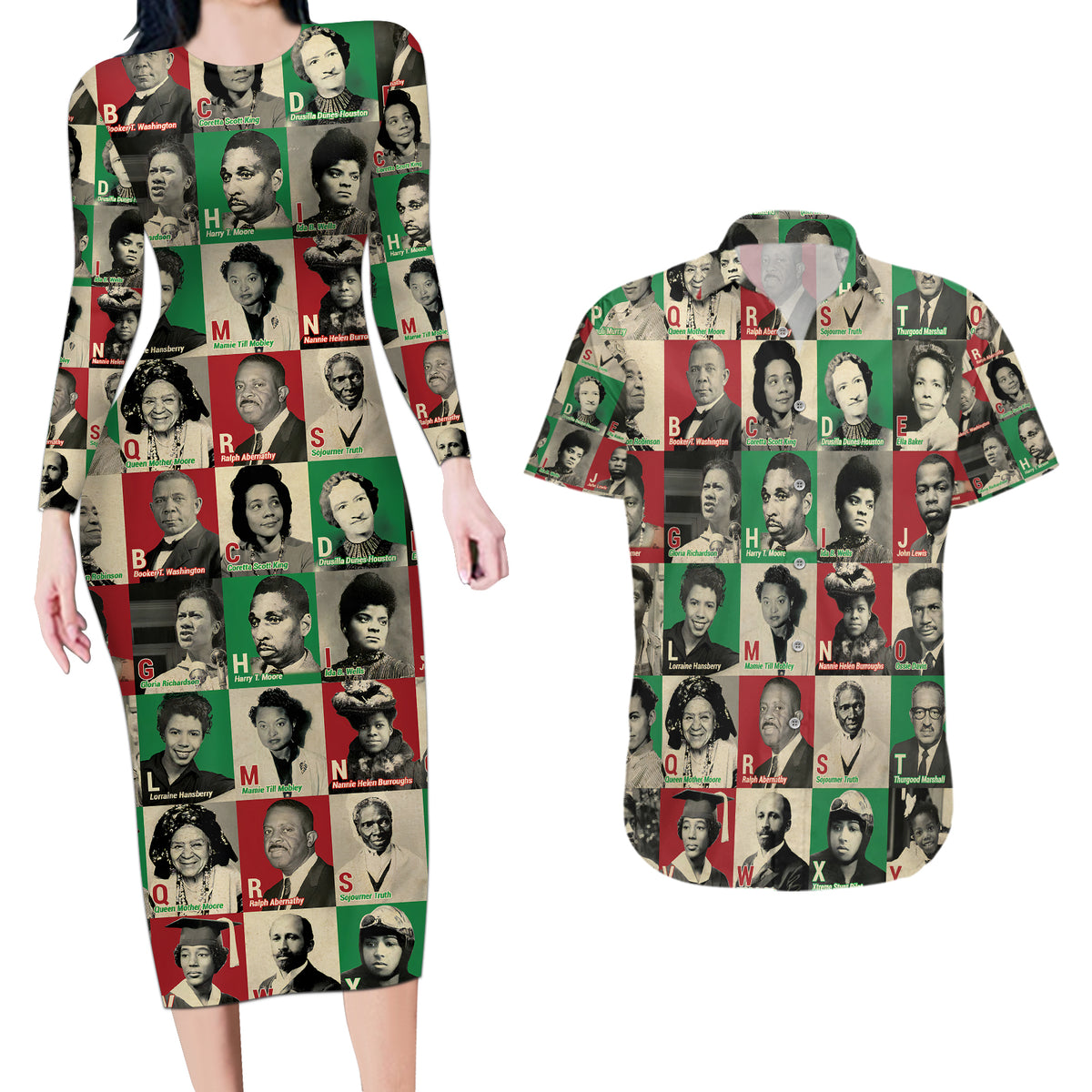 A To Z Of Black Heroes Couples Matching Long Sleeve Bodycon Dress and Hawaiian Shirt Civil Rights Leaders - Wonder Print Shop