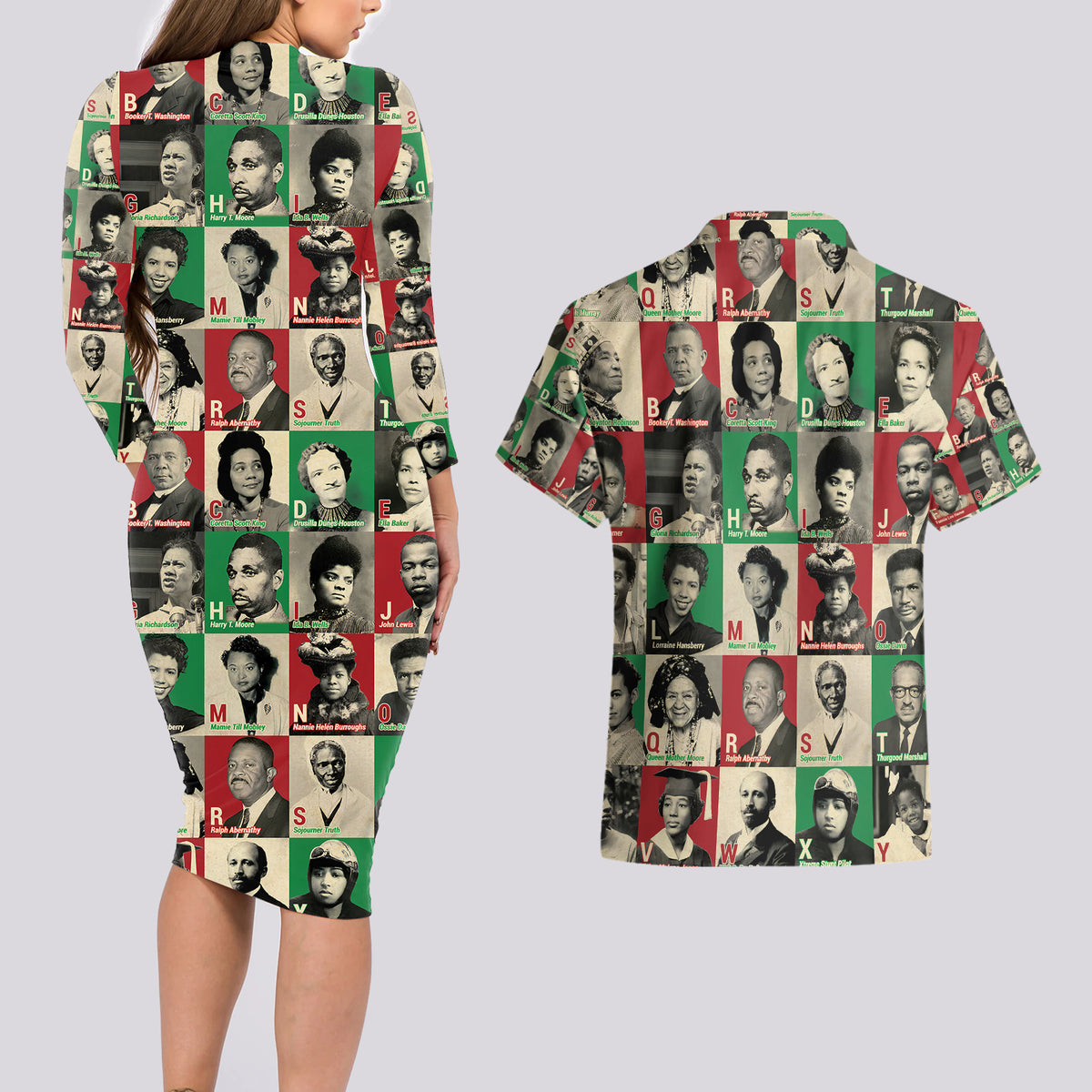 A To Z Of Black Heroes Couples Matching Long Sleeve Bodycon Dress and Hawaiian Shirt Civil Rights Leaders - Wonder Print Shop