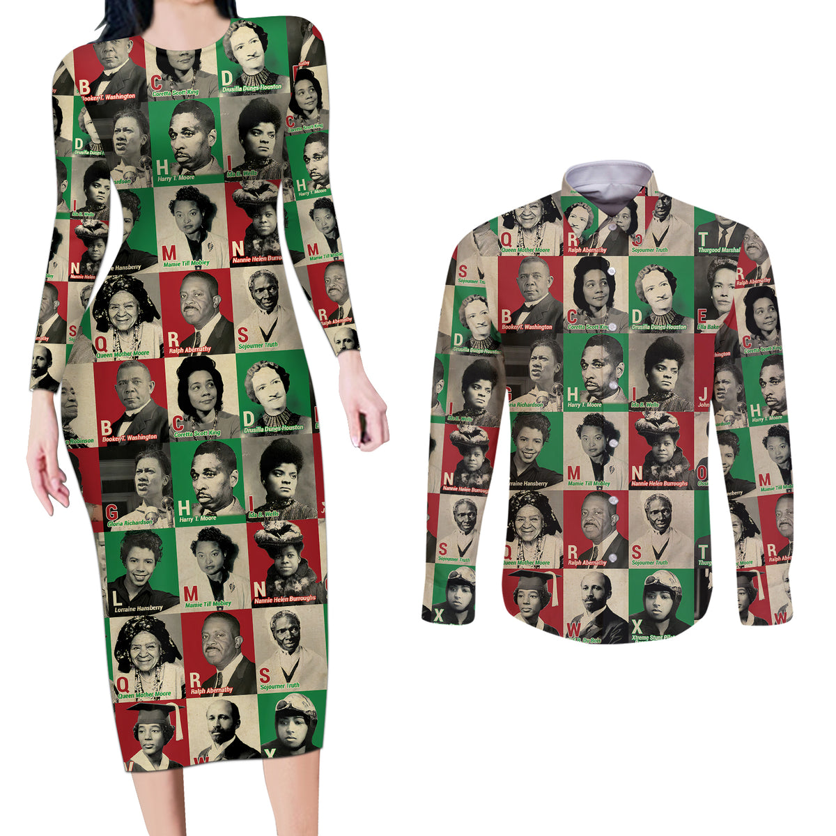 A To Z Of Black Heroes Couples Matching Long Sleeve Bodycon Dress and Long Sleeve Button Shirts Civil Rights Leaders - Wonder Print Shop