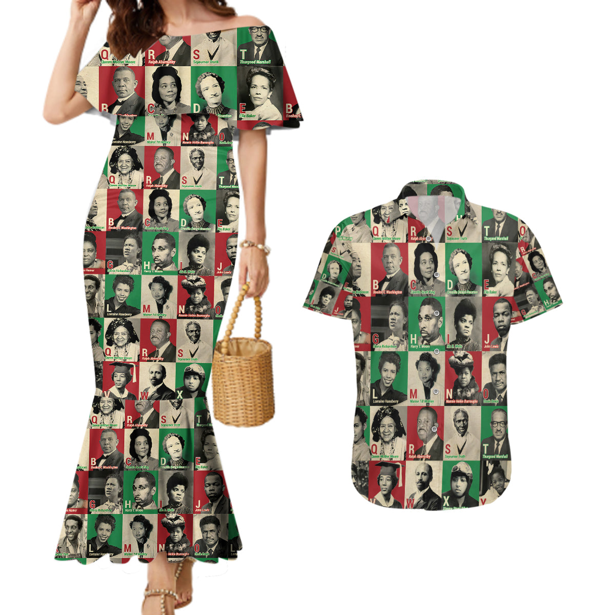 A To Z Of Black Heroes Couples Matching Mermaid Dress and Hawaiian Shirt Civil Rights Leaders - Wonder Print Shop