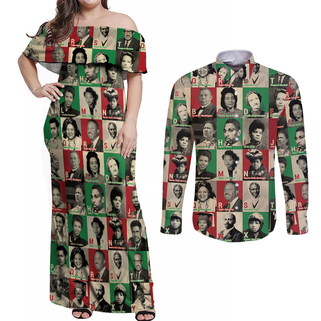 A To Z Of Black Heroes Couples Matching Off Shoulder Maxi Dress and Long Sleeve Button Shirts Civil Rights Leaders - Wonder Print Shop