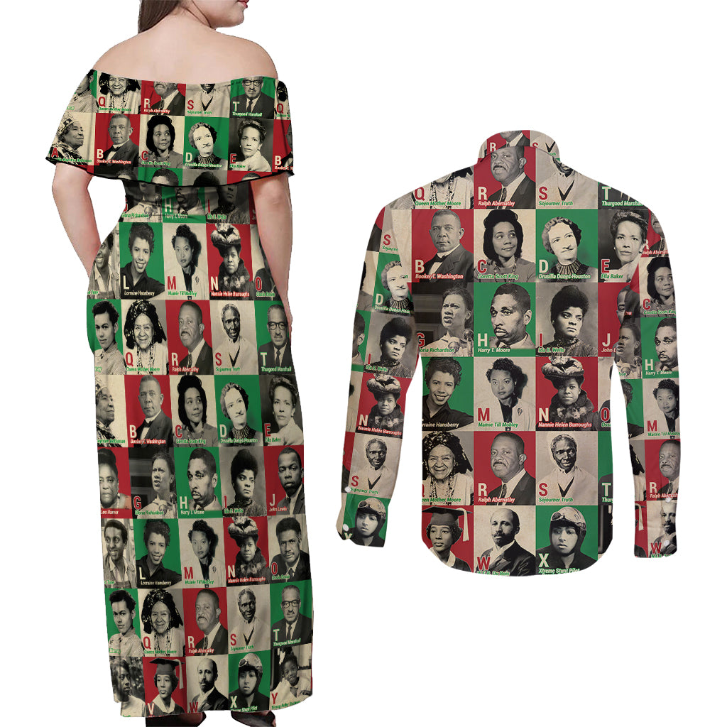 A To Z Of Black Heroes Couples Matching Off Shoulder Maxi Dress and Long Sleeve Button Shirts Civil Rights Leaders - Wonder Print Shop