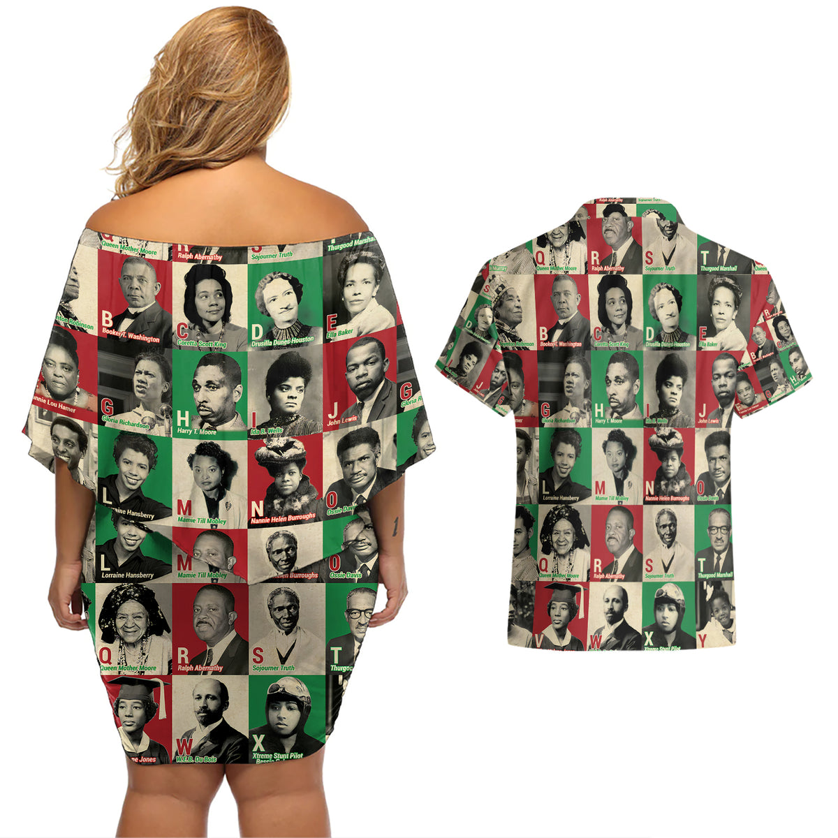 A To Z Of Black Heroes Couples Matching Off Shoulder Short Dress and Hawaiian Shirt Civil Rights Leaders - Wonder Print Shop