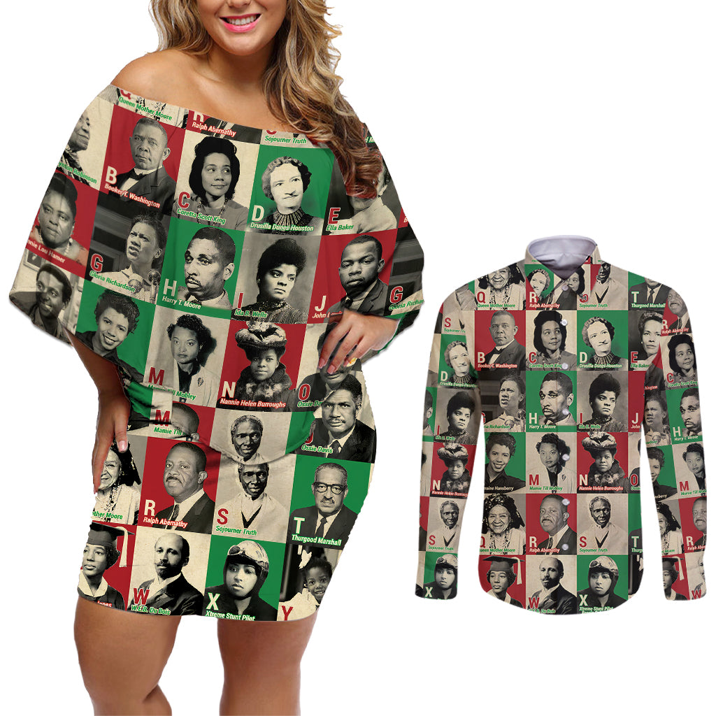 A To Z Of Black Heroes Couples Matching Off Shoulder Short Dress and Long Sleeve Button Shirts Civil Rights Leaders - Wonder Print Shop