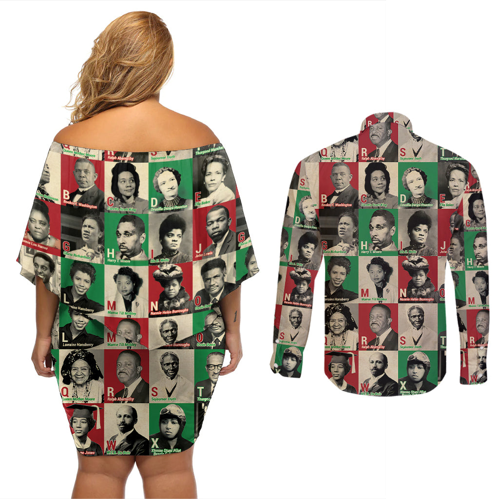 A To Z Of Black Heroes Couples Matching Off Shoulder Short Dress and Long Sleeve Button Shirts Civil Rights Leaders - Wonder Print Shop