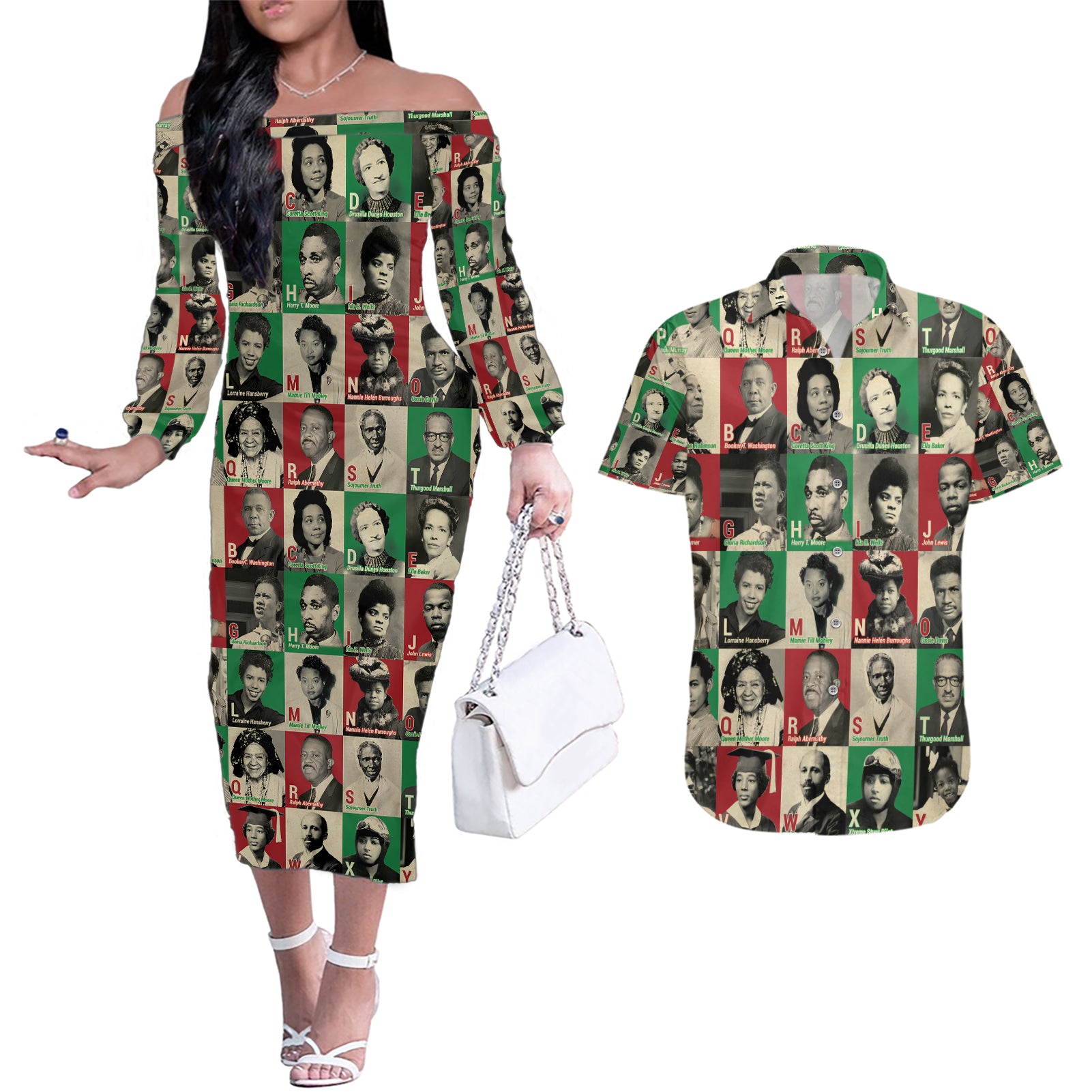 A To Z Of Black Heroes Couples Matching Off The Shoulder Long Sleeve Dress and Hawaiian Shirt Civil Rights Leaders - Wonder Print Shop