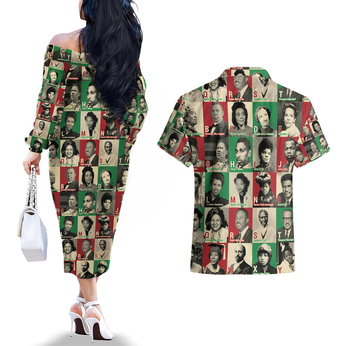A To Z Of Black Heroes Couples Matching Off The Shoulder Long Sleeve Dress and Hawaiian Shirt Civil Rights Leaders - Wonder Print Shop