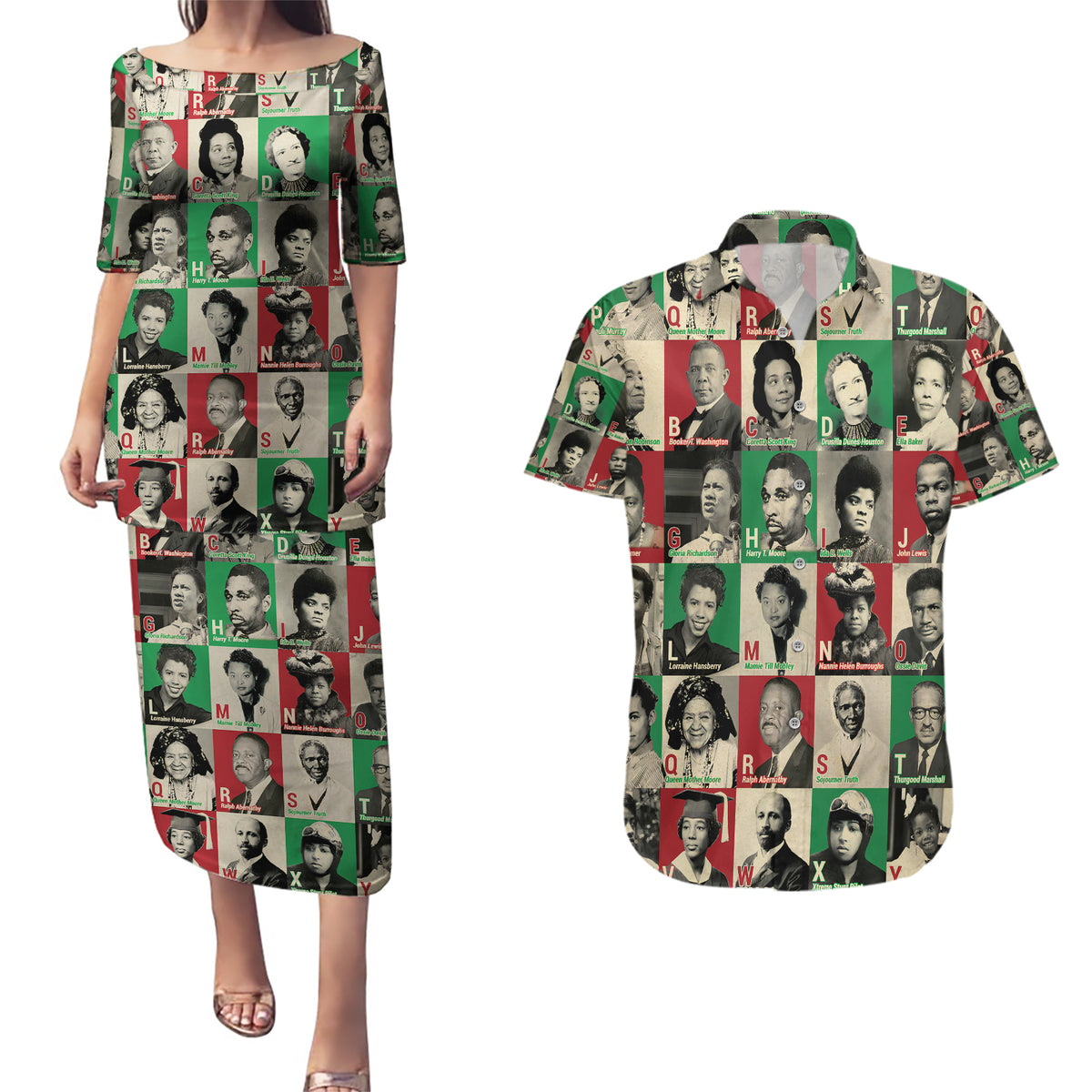 A To Z Of Black Heroes Couples Matching Puletasi Dress and Hawaiian Shirt Civil Rights Leaders - Wonder Print Shop