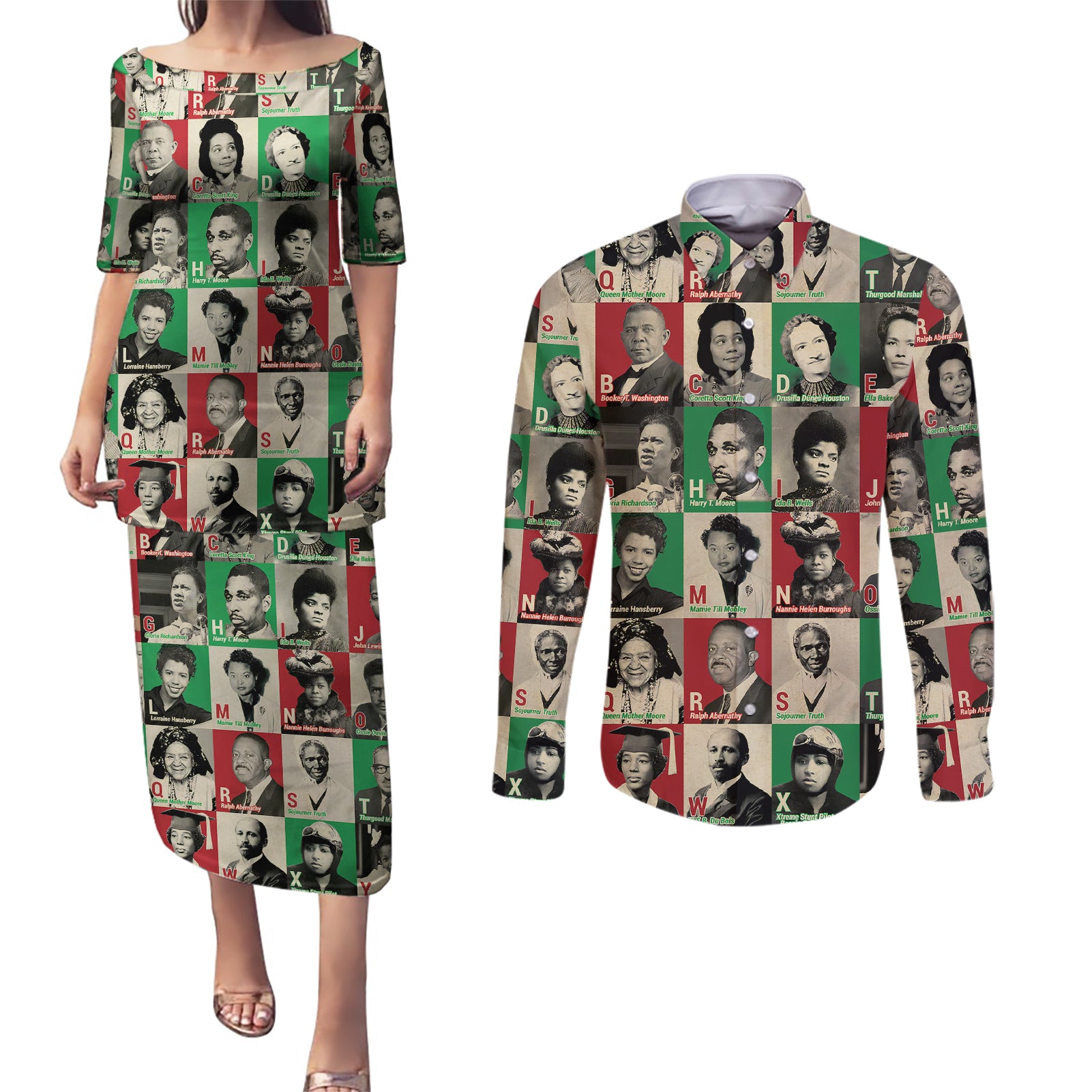 A To Z Of Black Heroes Couples Matching Puletasi Dress and Long Sleeve Button Shirts Civil Rights Leaders - Wonder Print Shop