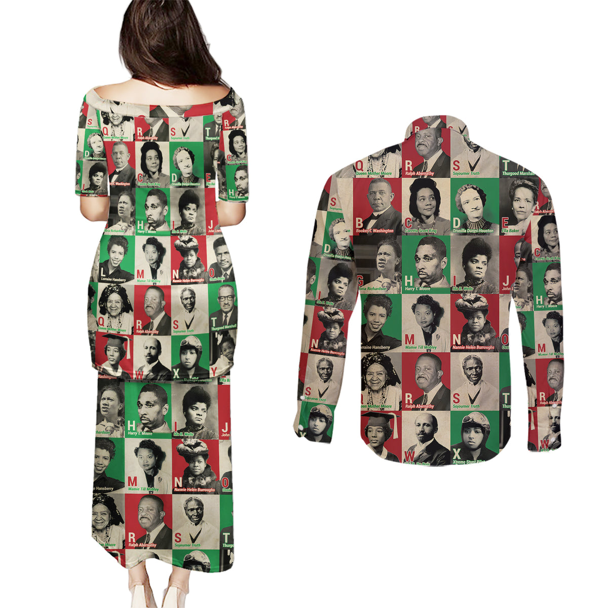 A To Z Of Black Heroes Couples Matching Puletasi Dress and Long Sleeve Button Shirts Civil Rights Leaders - Wonder Print Shop