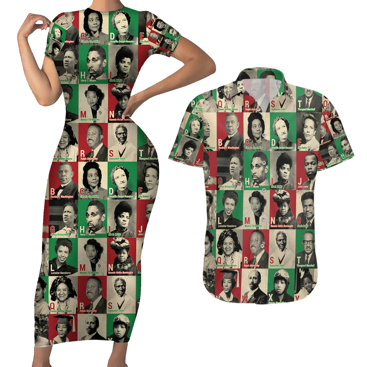 A To Z Of Black Heroes Couples Matching Short Sleeve Bodycon Dress and Hawaiian Shirt Civil Rights Leaders - Wonder Print Shop