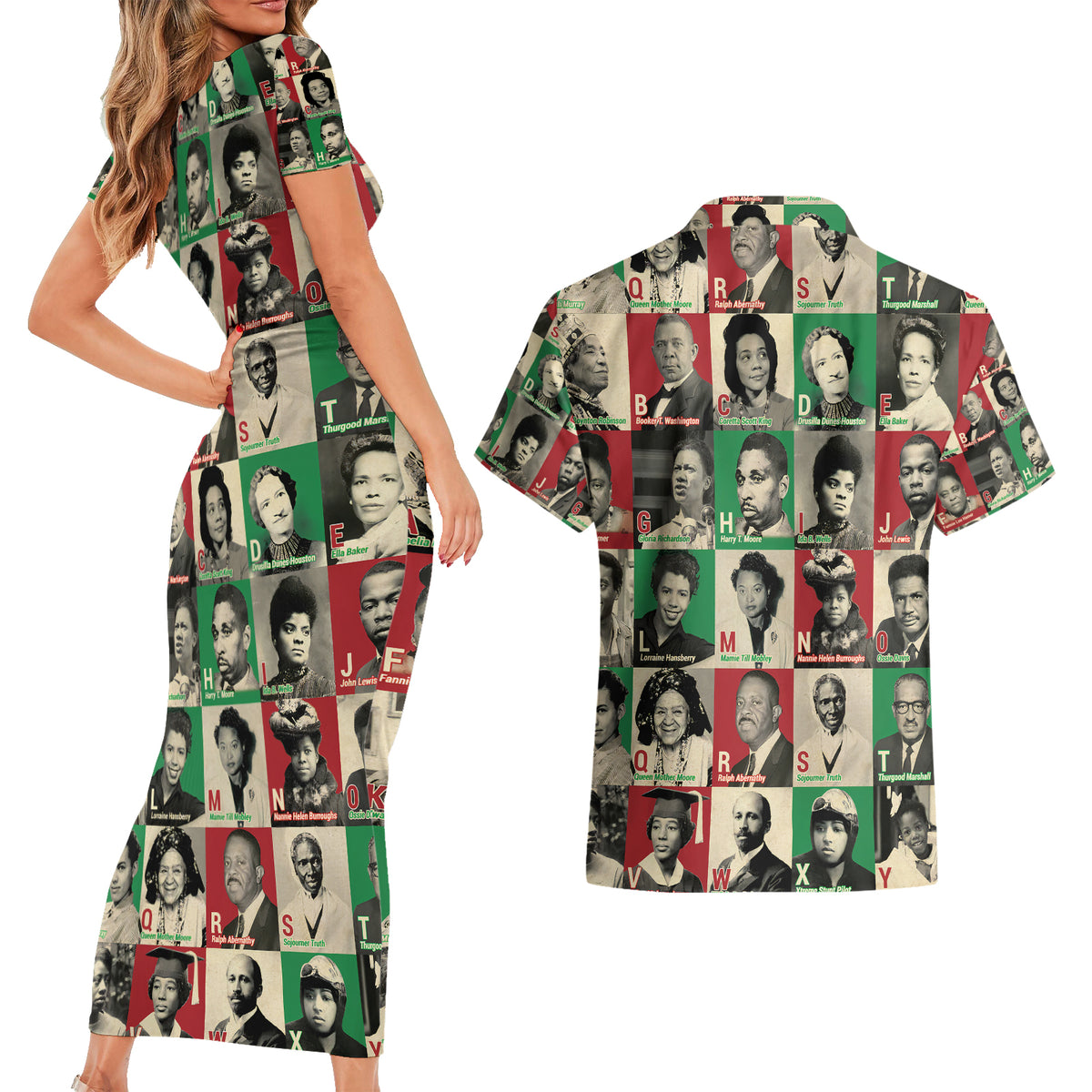 A To Z Of Black Heroes Couples Matching Short Sleeve Bodycon Dress and Hawaiian Shirt Civil Rights Leaders - Wonder Print Shop