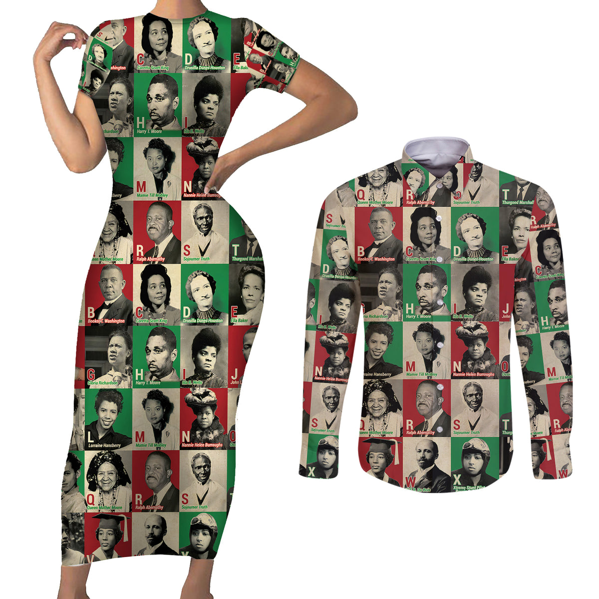 A To Z Of Black Heroes Couples Matching Short Sleeve Bodycon Dress and Long Sleeve Button Shirts Civil Rights Leaders - Wonder Print Shop