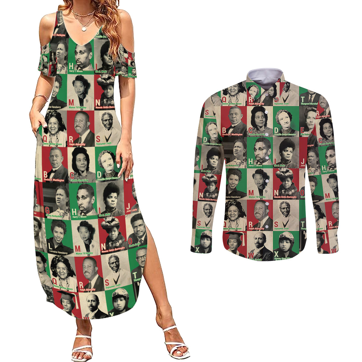 A To Z Of Black Heroes Couples Matching Summer Maxi Dress and Long Sleeve Button Shirts Civil Rights Leaders - Wonder Print Shop