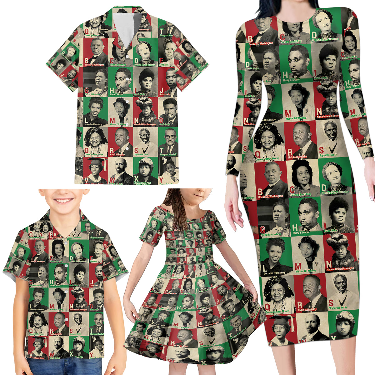 A To Z Of Black Heroes Family Matching Long Sleeve Bodycon Dress and Hawaiian Shirt Civil Rights Leaders - Wonder Print Shop