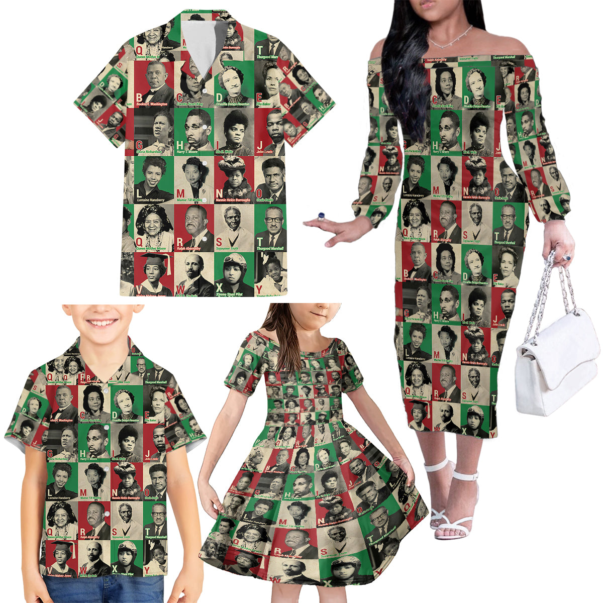 A To Z Of Black Heroes Family Matching Off Shoulder Long Sleeve Dress and Hawaiian Shirt Civil Rights Leaders - Wonder Print Shop