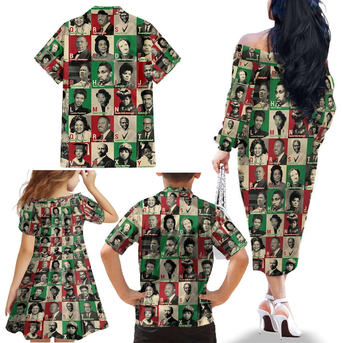 A To Z Of Black Heroes Family Matching Off Shoulder Long Sleeve Dress and Hawaiian Shirt Civil Rights Leaders - Wonder Print Shop