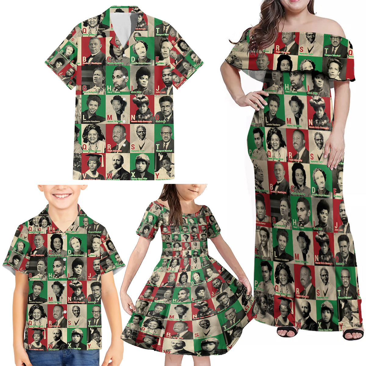 A To Z Of Black Heroes Family Matching Off Shoulder Maxi Dress and Hawaiian Shirt Civil Rights Leaders - Wonder Print Shop