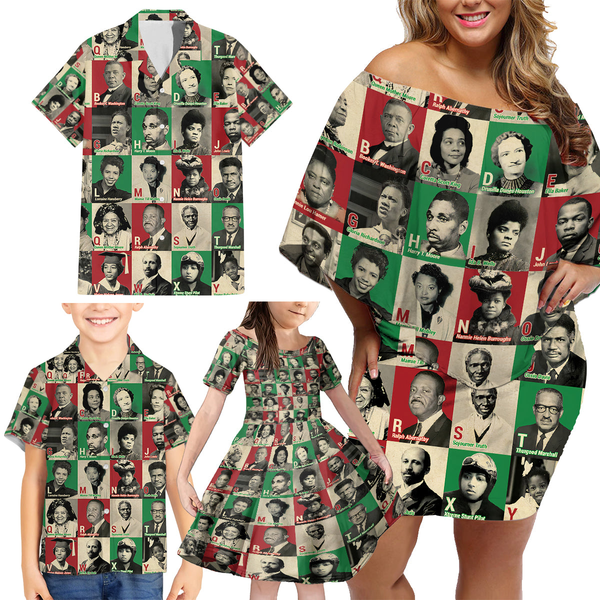 A To Z Of Black Heroes Family Matching Off Shoulder Short Dress and Hawaiian Shirt Civil Rights Leaders - Wonder Print Shop