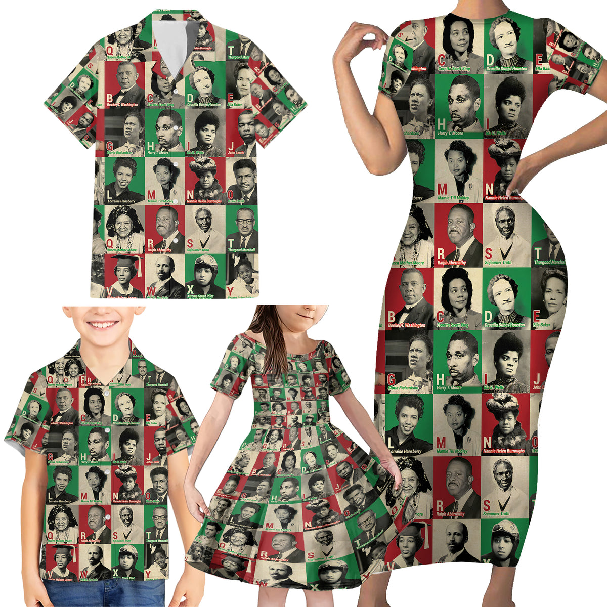 A To Z Of Black Heroes Family Matching Short Sleeve Bodycon Dress and Hawaiian Shirt Civil Rights Leaders - Wonder Print Shop