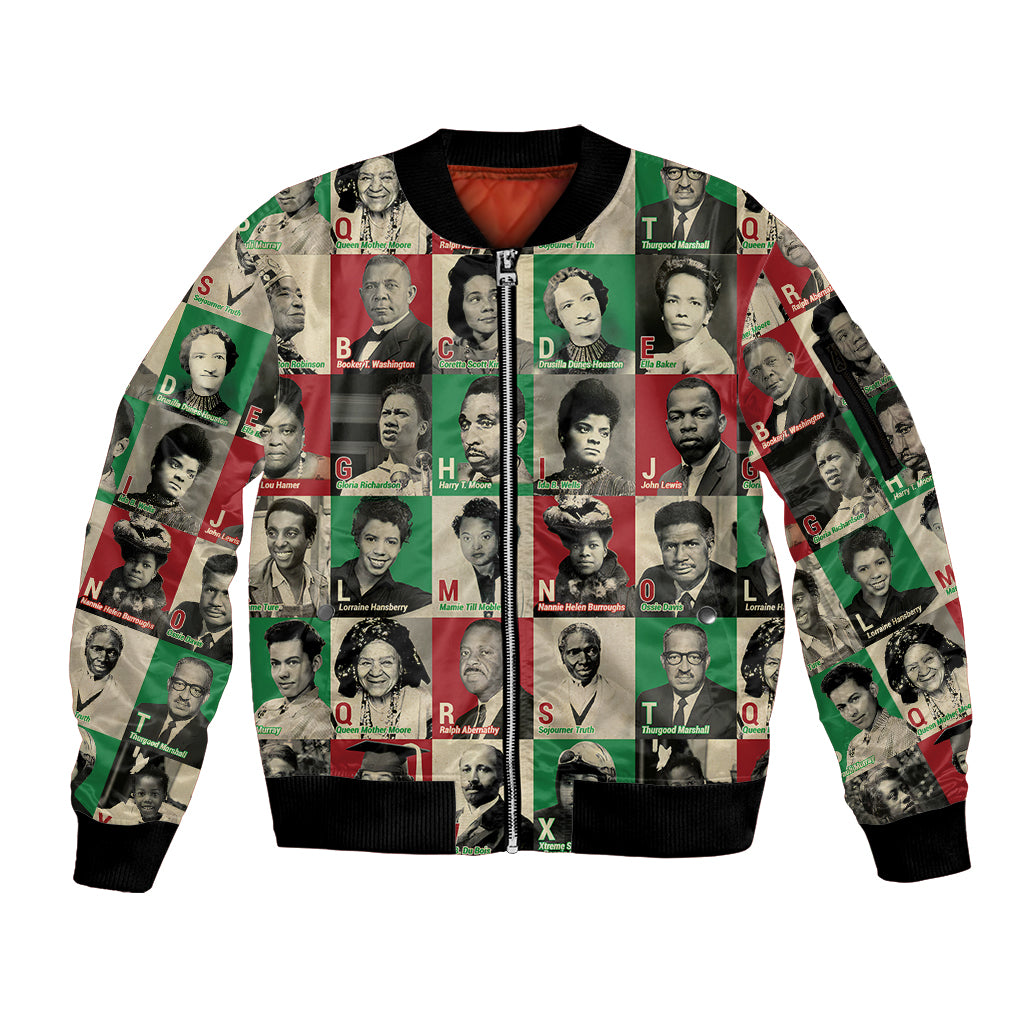 A To Z Of Black Heroes Sleeve Zip Bomber Jacket Civil Rights Leaders - Wonder Print Shop