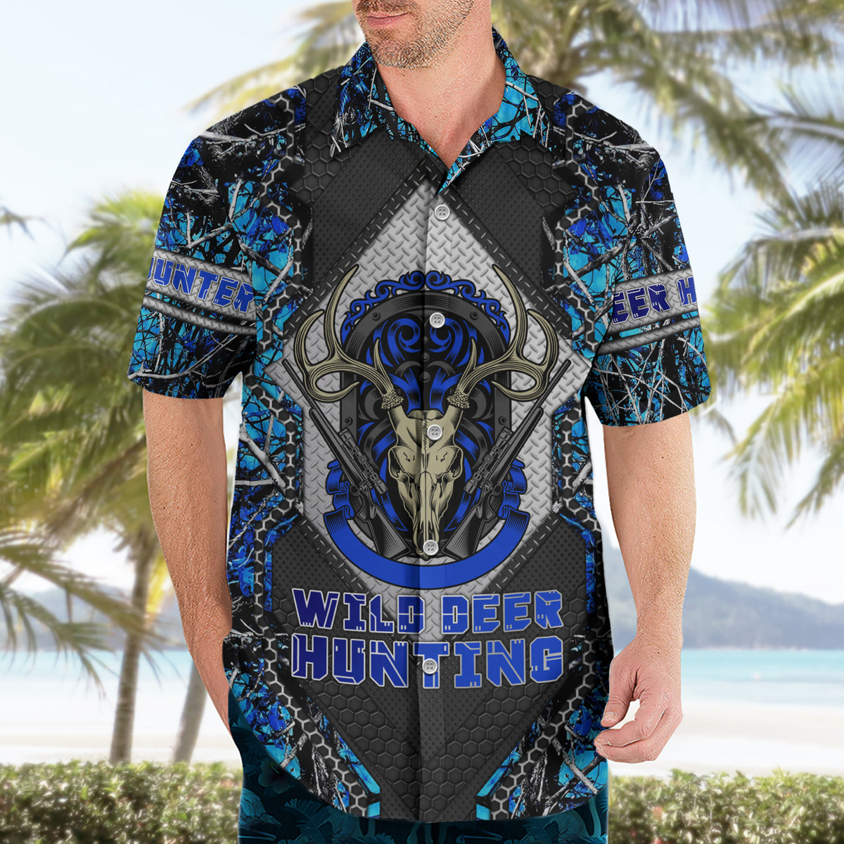 Wild Deer Hunting Hawaiian Shirt Skull Blue Art - Wonder Print Shop