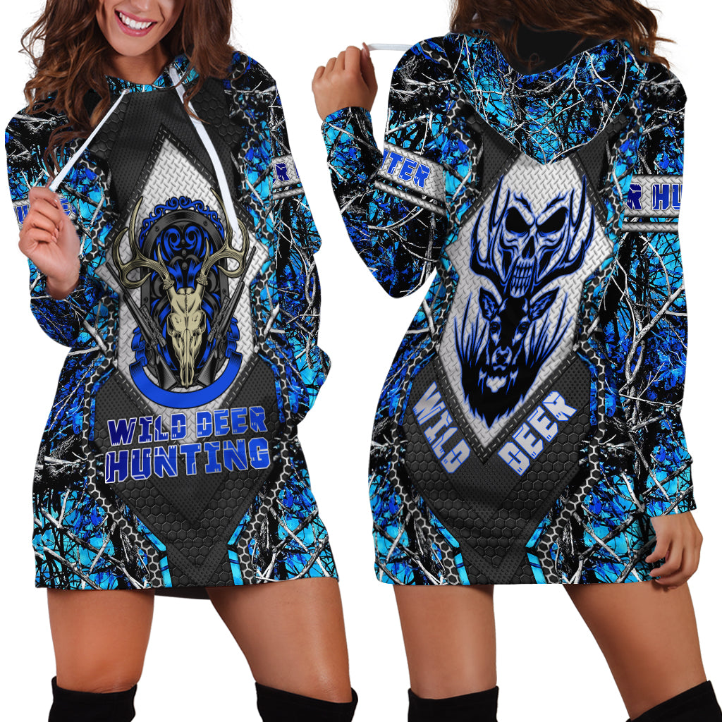 Wild Deer Hunting Hoodie Dress Skull Blue Art - Wonder Print Shop