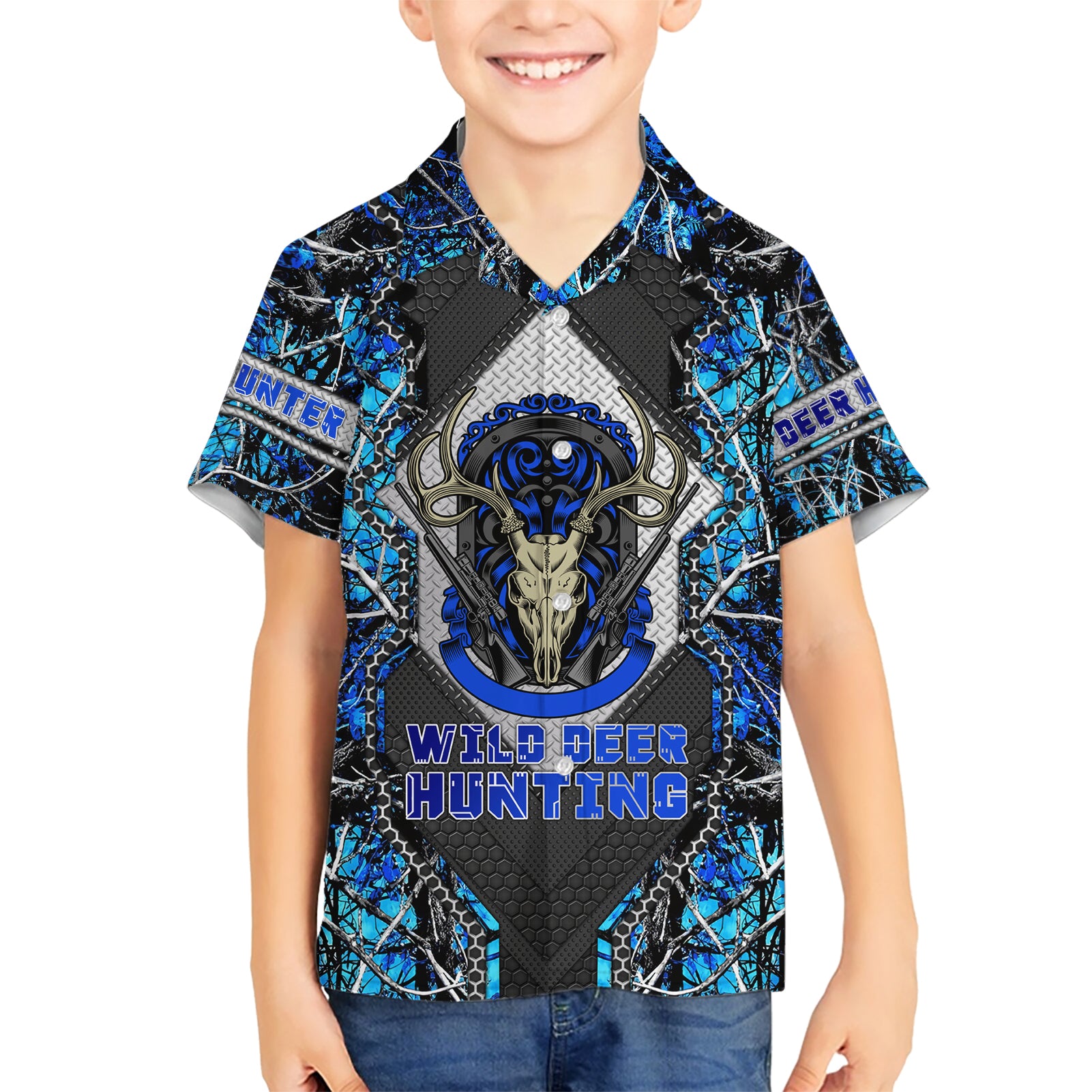 Wild Deer Hunting Kid Hawaiian Shirt Skull Blue Art - Wonder Print Shop