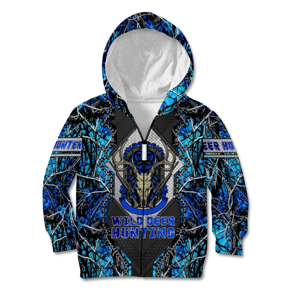Wild Deer Hunting Kid Hoodie Skull Blue Art - Wonder Print Shop