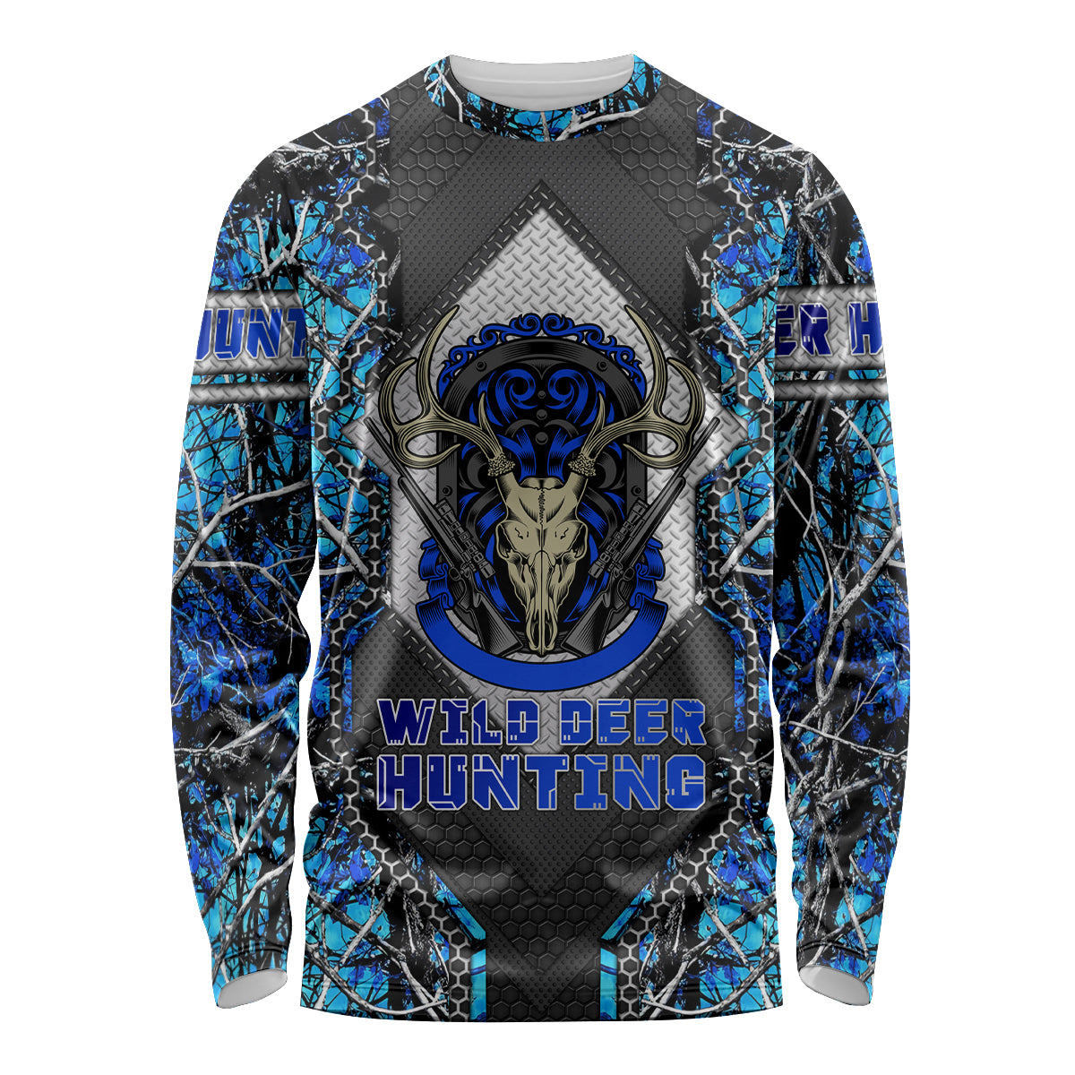 Wild Deer Hunting Long Sleeve Shirt Skull Blue Art - Wonder Print Shop
