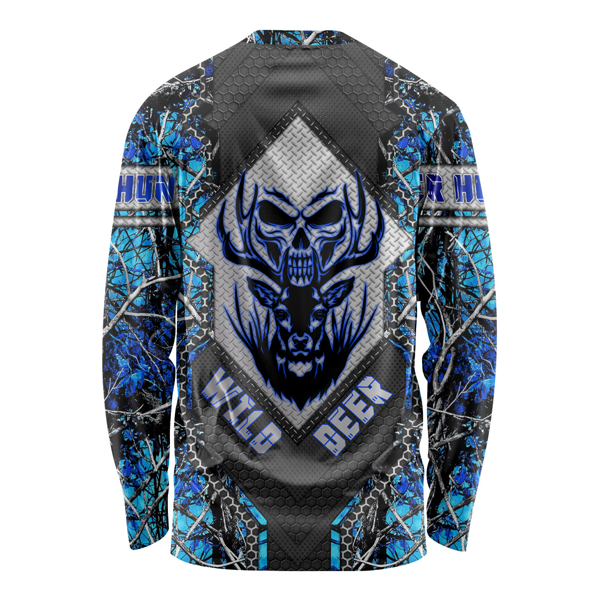 Wild Deer Hunting Long Sleeve Shirt Skull Blue Art - Wonder Print Shop